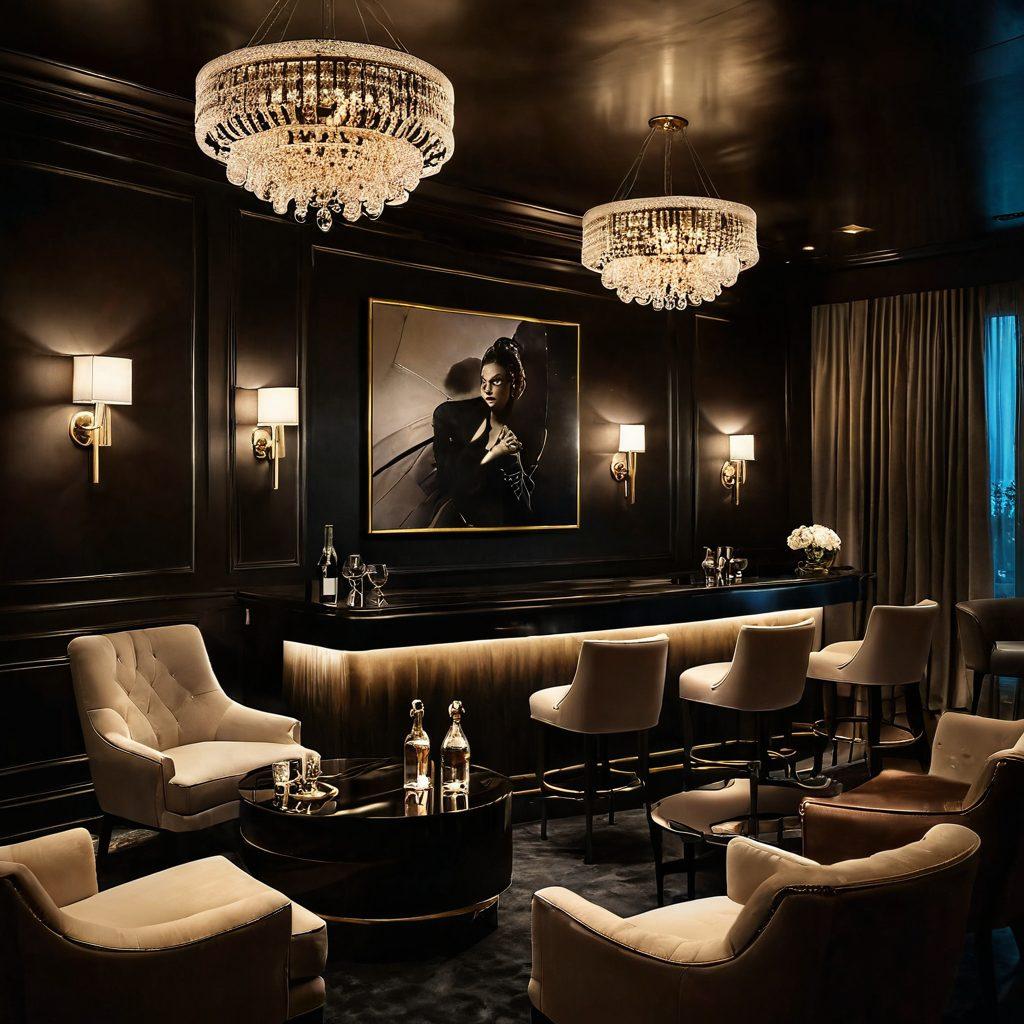 A visually captivating scene featuring a luxurious, dimly lit lounge with an elegant bar and plush seating. Center the image around an engaging conversation between two sophisticated individuals, embodying the essence of fine adult entertainment. Include tasteful art pieces on the walls, soft lighting that creates an inviting atmosphere, and subtle hints of glamour. Emphasize a sense of intrigue and intimacy. super-realistic. ambient lighting. elegant colors.