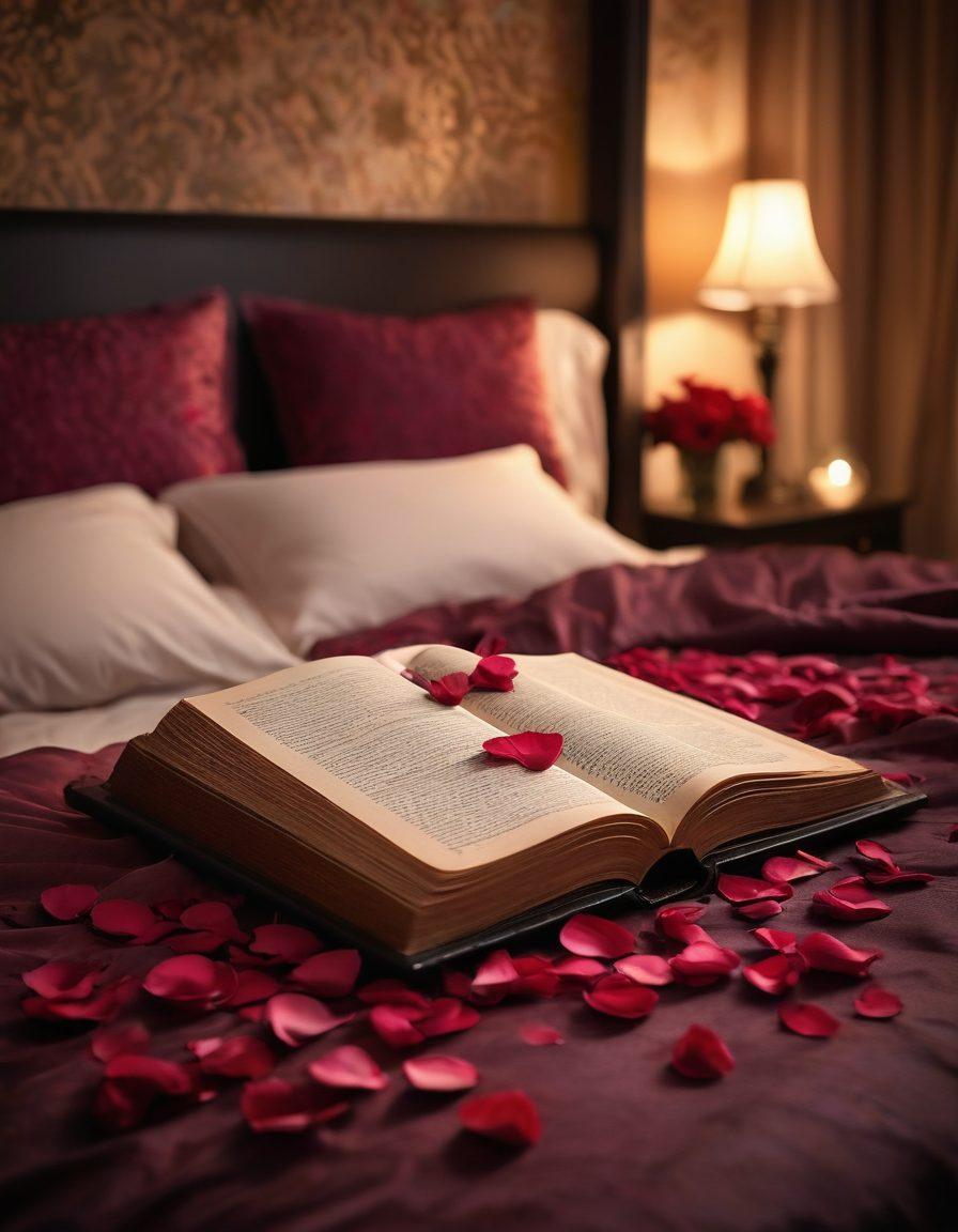 A luxurious, inviting bedroom setting filled with rich textures and dim, warm lighting. On a plush bed, an open book reveals tantalizing stories, surrounded by delicate rose petals. Silhouettes of elegant adult stars playfully interact in the background, creating an alluring atmosphere of intimacy and sophistication. Include a soft focus effect to enhance the sensuality. super-realistic. warm tones. intimate ambiance.